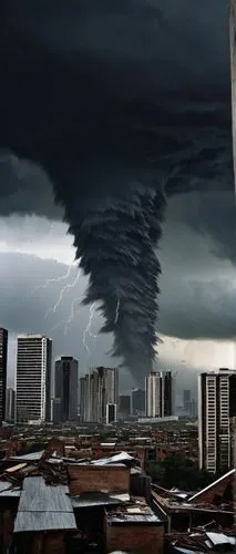 F7 tornado, dark grey cloud, strong wind, lightning flashing, rain pouring down, debris flying everywhere, destruction in its wake, cityscape, skyscrapers, buildings crumbling, broken windows, twisted