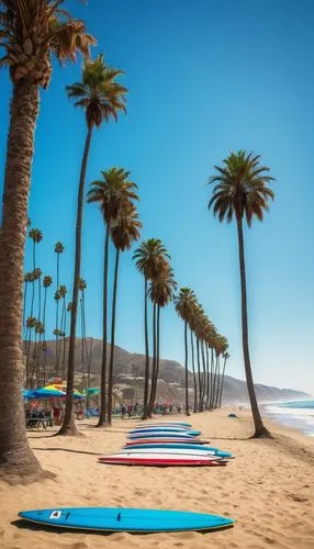 Southern California, sunny day, blue sky with few white clouds, palm trees swaying gently, beaches with golden sand, clear turquoise water, surfboards lying on the beach, seagulls flying overhead, a f