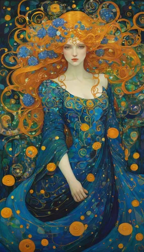 rusalka,merida,fantasia,water nymph,siren,aquarius,andromeda,cinderella,amano,orange blossom,fairy peacock,the sea maid,art nouveau,the blonde in the river,gemini,radha,virgo,mystical portrait of a girl,agua de valencia,mermaid,Art,Artistic Painting,Artistic Painting 32