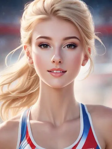 beautiful blonde high jump athlete lady at the Olympics, with blonde hair in a ponytail, smiling, wearing a white vest with blue and red design. Photorealistic.,sports girl,annabeth,cheerleader,olympi