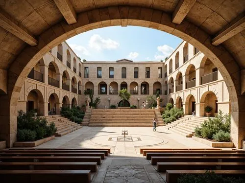 Grand amphitheater, Romanesque architecture, tiered seating arrangement, ornate stone carvings, curved archways, majestic columns, warm golden lighting, soft shadows, comfortable cushioned seats, eleg