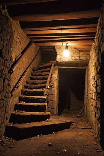 Basement, dim lighting, rough stone walls, cold atmosphere, mysterious ambiance, eerie silence, abandoned furniture, old rusty pipes, broken stairs, spider webs, dust covering everything, faint smell 