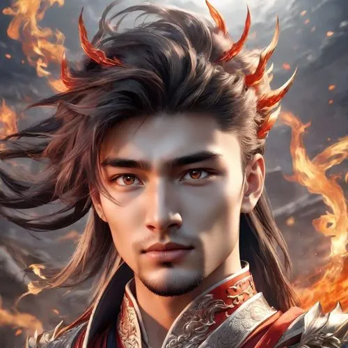 a man with horns and flames on his head,toshiie,yuhuan,yi sun sin,tiancheng,zhuge,xufeng