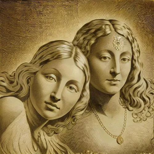 In the picture, there are two young women dressed in white dresses. They have long, wavy hair and are both wearing gold necklaces. In the center of the picture hangs a large, gold medallion, which is 