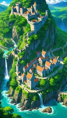 machico,butka,meteora,knight village,kanto,yazaki,mountain village,miramare,popeye village,ghibli,mountain settlement,alfheim,knight's castle,castel,abdallahi,cliffside,katara,castle,fantasy city,forteresse,Illustration,Japanese style,Japanese Style 03