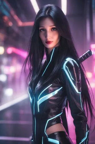 black long loose straight hairs beautiful cold girl in tron suit in future and she beautiful with long lashes and long black hairs with futuristic techno-katana,psylocke,elektra,xcx,vayne,blackfire,tr