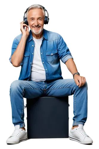 Older man, headphones, microphone, casual wear, loose fit, denim jeans, sneakers, relaxed posture, leaning back, hands behind head, dimple on cheek, short beard, messy hair, warm smile, softbox lighti