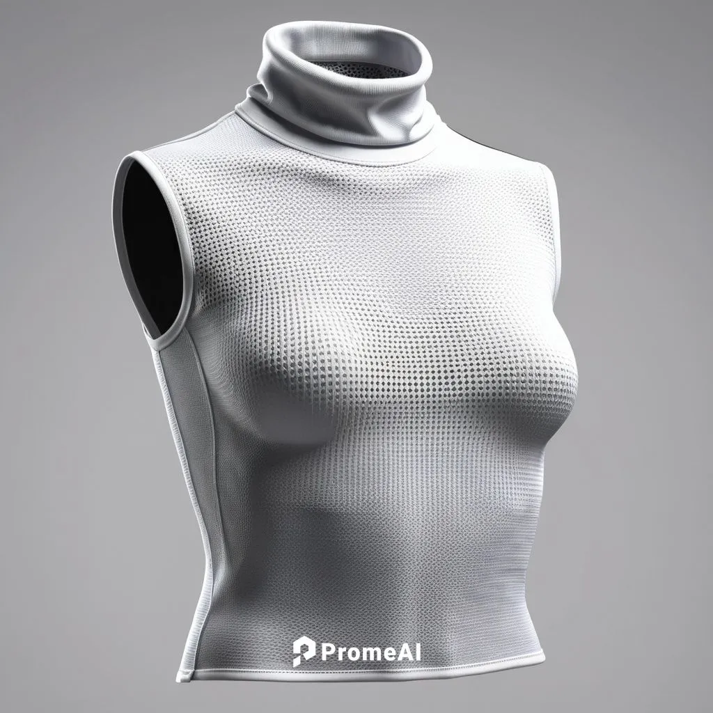 [Techwear] a 3D render of a white turtleneck women's tank top. sleeveless, no model, only t-shirt floating with gray background, front perspective, 3d, realistic, HD quality, detailed 3d Render, photo