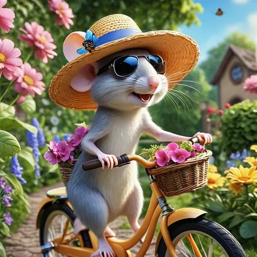 ratatouille,flower delivery,springtime background,spring background,tour de france,flower animal,cute cartoon character,floral bike,flowers in wheel barrel,biker,picking flowers,flower background,cycling,cartoon flowers,bunny on flower,summer background,biking,field mouse,rataplan,bicycle ride