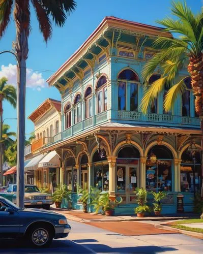 Florida, Victorian architectural style, antique shop, DeLand, Florida, ornate decorations, intricate carvings, grand entrance, large windows, wooden shutters, ornamental roof, chimney, vintage signs, 