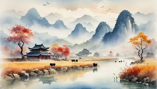 watercolor background,lijiang,autumn landscape,haiping,yiping,huashan,oriental painting,huangshan,landscape background,wenhao,wenzhao,zuoying,qingming,changzong,yunnan,qinghe,guilin,zhaoying,wuyi,yonghao,Illustration,Paper based,Paper Based 25