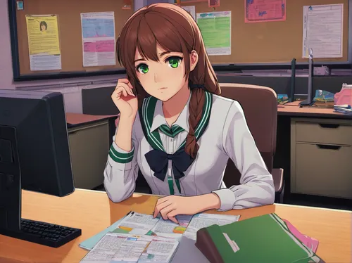 girl at the computer,desk,office desk,office worker,blur office background,kotobukiya,girl studying,secretary,receptionist,computer,secretary desk,computer game,school desk,office chair,sitting,sitting on a chair,classroom,work desk,study room,night administrator,Illustration,Retro,Retro 16