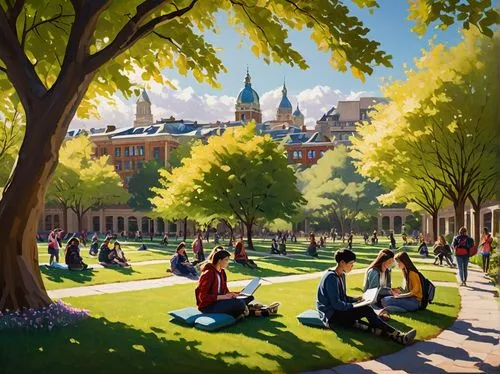 Top-ranked university, modern campus, landscape architecture program, students with backpacks, laptops, and notebooks, sitting on a grassy slope, surrounded by lush greenery, vibrant flowers, and orna