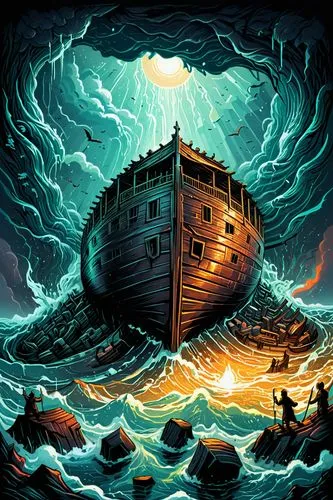 noah's ark,viking ship,shipwreck,sea fantasy,the ark,rotten boat,maelstrom,ghost ship,sunken ship,galleon ship,tour to the sirens,sea storm,poseidon,phoenix boat,god of the sea,galleon,the storm of the invasion,viking ships,ironclad warship,pirate ship,Illustration,Realistic Fantasy,Realistic Fantasy 25