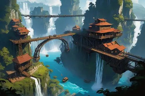 fantasy landscape,ancient city,floating islands,skylands,floating island,shaoming,futuristic landscape,fantasy city,water palace,mountain settlement,tigers nest,fishing village,hanging temple,lagoon,adventure bridge,waterfalls,underwater oasis,world digital painting,tower fall,backwater