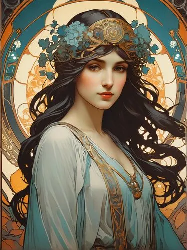 mucha,persephone,alfons mucha,kommuna,circe,guinevere,art nouveau frames,art nouveau frame,melusine,artemisia,ariadne,amphitrite,sigyn,priestess,elenore,fantasy portrait,ophelia,circlet,ostara,etain,Illustration,Retro,Retro 03