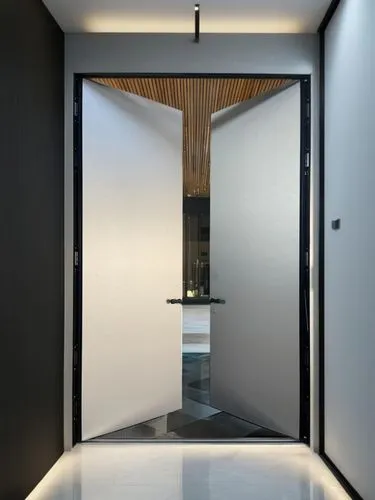 豪华别墅建筑室内玄关出口场景，现代极简，白天效果,an open door sits in the center of a room,metallic door,hinged doors,steel door,room door,hallway space,modern minimalist bathroom,associati,open door,interior modern design,r