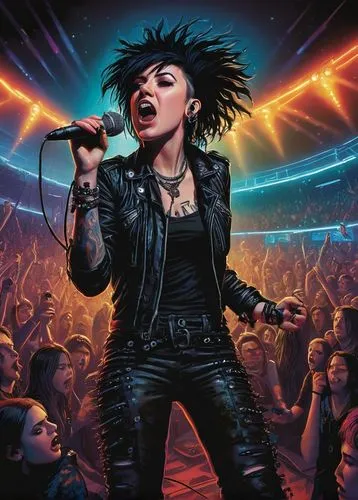 A striking and dynamic vinyl album sleeve art featuring a 19-year-old Romanian-German female punk rock vocalist with messy black hair and multiple piercings. She is passionately screaming into a micro