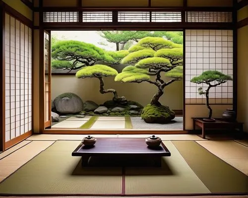 Traditional Japanese-style room, sliding doors made of wooden frames and rice paper, tatami mats, low seating area with zabuton cushions, shoji screens, bonsai tree on a low table, natural wood tones,