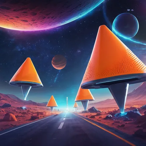 pyramids,futuristic landscape,traffic cones,space ships,road cone,neon arrows,ufos,triangles background,planets,spaceships,alien world,asterales,space art,cones-milk star,ufo interior,alien planet,saturnrings,asteroids,ufo,space voyage,Conceptual Art,Sci-Fi,Sci-Fi 04