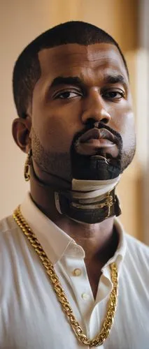 Kanye West, close-up, facial portrait, serious expression, dark brown eyes, thick eyebrows, trimmed beard, mustache, gold chain necklace, white shirt collar, slight smile, soft natural lighting, shall