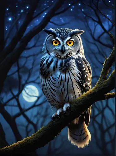 Whispering owl, mystical, nocturnal creature, glowing yellow eyes, soft feathers, moonlight, starry night sky, misty forest, ancient trees, twisted branches, mysterious atmosphere, soft focus, shallow