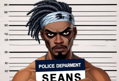 Generates a Grand Theft Auto style poster of an arrested African American male with gray dreadlocks sticking up, holding a mugshot sign that reads "POLICE DEPARTMENT" and "SEAN EVANS." The African Ame