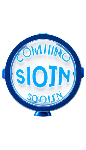 Coming soon icon, circular shape, blue and white colors, futuristic design, metallic material, glossy texture, 3D rendering, central text "coming soon", bold font, slight shadow effect, bright lightin