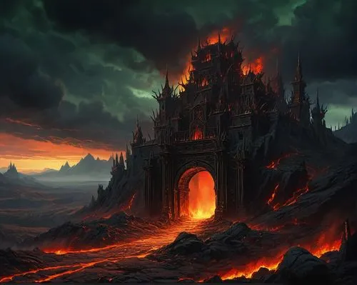 door to hell,scorched earth,burning earth,pillar of fire,hall of the fallen,conflagration,lake of fire,the conflagration,fantasy landscape,haunted cathedral,city in flames,purgatory,end-of-admoria,fantasy picture,fire mountain,the ruins of the,inferno,portal,fire land,scorch,Illustration,Realistic Fantasy,Realistic Fantasy 12