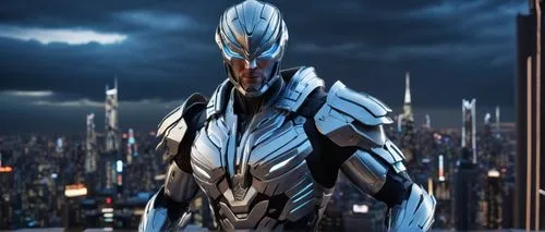 Muscular male warrior, futuristic space armor, silver metallic color, intricate circuitry details, glowing blue eyes, stern facial expression, powerful physique, imposing posture, standing on a skyscr