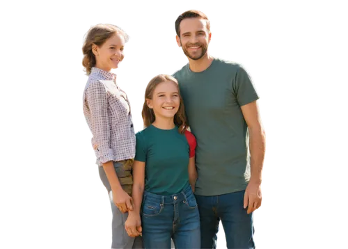 Family, happy atmosphere, smiling faces, warm skin tones, casual wear, mother (30s), father (30s), son (10), daughter (8), embracing, standing close together, natural posture, outdoor setting, afterno