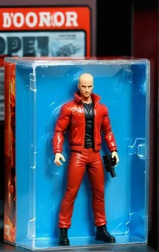    Bald Action figure wearing red jacket,  toy infographics, Label that says "Open Fire" on display box, Comic book style, Red and white color palette,,a toy action figure in its packaging with an ope