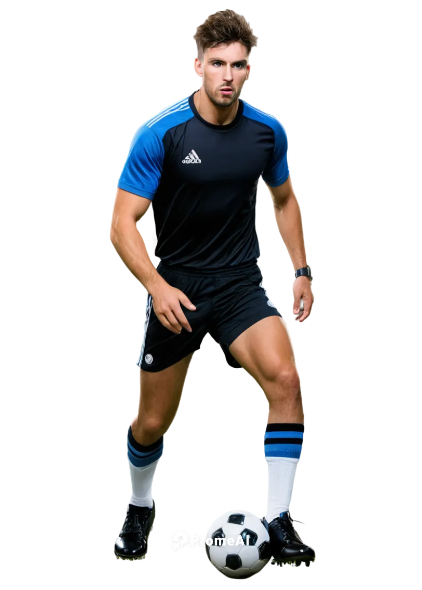 Muscular man, athletic build, dynamic pose, shiny sweat, sports jersey, soccer shorts, white socks, black cleats, ball at feet, intense facial expression, strong jawline, short messy hair, bright stad