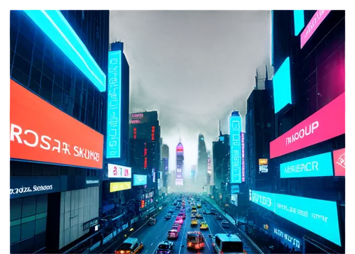 HD, 3D, futuristic cityscape, skyscrapers, neon lights, towering buildings, holographic advertisements, busy streets, flying cars, misty atmosphere, low-angle shot, cinematic composition, vibrant colo