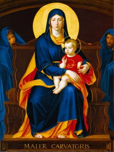 Virgin mary with baby jesus, young woman, robes, veil, sitting on a throne, gold, halo, orb, religious, catholic, christian, renaissance, blue cloak, red tunic,holy family,the prophet mary,jesus in th