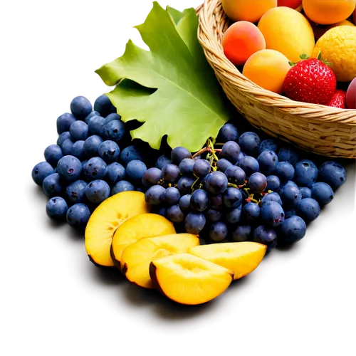 Fresh colorful fruits, woven basket, still life, afternoon sunlight, soft shadows, grapes, strawberries, blueberries, peaches, pineapple, bananas, apples, oranges, vibrant colors, 3/4 composition, sha