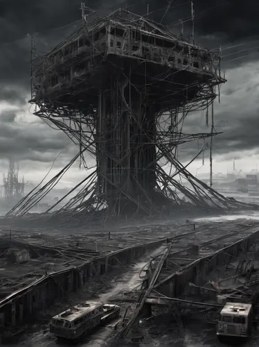 post-apocalyptic landscape,industrial ruin,industrial landscape,post apocalyptic,destroyed city,oil platform,post-apocalypse,steel tower,wasteland,mining facility,dystopian,apocalyptic,lost place,gunkanjima,desolation,refinery,ruin,chernobyl,industrial,very large floating structure,Conceptual Art,Fantasy,Fantasy 33