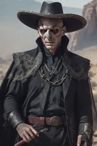 Mexican man, with his snake-like features and piercing red eyes, would adopt a ranchero style with a sinister twist. He might wear a long, black duster coat with ornate silver clasps and embellishment