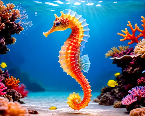 Seahorse, underwater, swimming, colorful scales, flowing tail, coral reef, ocean plants, bright sunlight filtering through water, shallow depth of field, soft focus, warm color tone, cinematic lightin