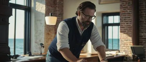 Historic Charleston-style building, W.Virginia architecture, job scene, male architect, 35-40yo, beard, glasses, dark hair, white shirt, rolled-up sleeves, dark jeans, brown boots, holding blueprints,