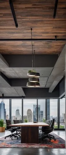 Modern office space, commercial interior design firm, sleek minimalist decor, wooden conference table, leather executive chairs, floor-to-ceiling windows, city skyline view, urban chic atmosphere, pol