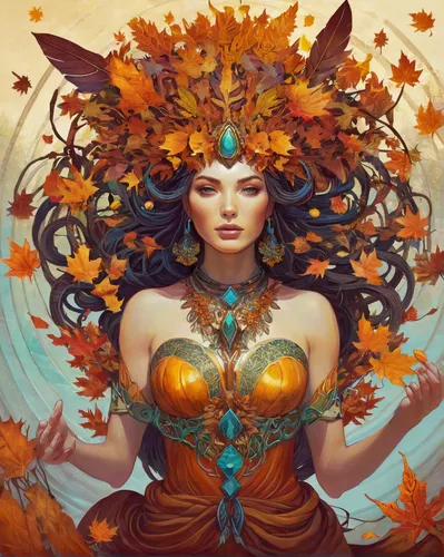 autumn theme,autumn wreath,pumpkin autumn,fantasy portrait,golden autumn,flora,autumn background,golden wreath,monarch,autumn leaves,tiger lily,autumn icon,fantasy art,autumn colouring,autumn bouquet,dryad,autumn flower,fall leaves,light of autumn,autumn gold,Conceptual Art,Sci-Fi,Sci-Fi 05