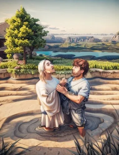 shepherd romance,proposal,biblical narrative characters,romantic scene,idyll,holy family,genesis land in jerusalem,woman at the well,romantic meeting,jesus in the arms of mary,marriage proposal,contem