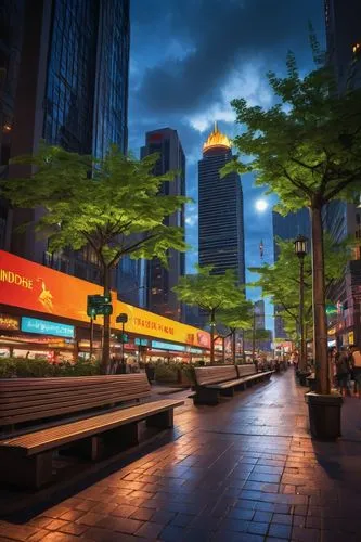 Modern cityscape, urban planning, skyscrapers, apartments, shopping mall, pedestrian street, fountain square, vibrant night lights, neon billboards, busy traffic, concrete pavement, steel benches, tra