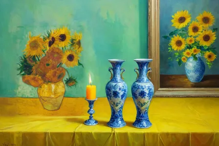 two vases on the oil painting,sunflowers in vase,vases,flower vases,flower vase,vase,summer still-life,yellow and blue,flower painting,still life of spring,vincent van gogh,still-life,glass painting,s