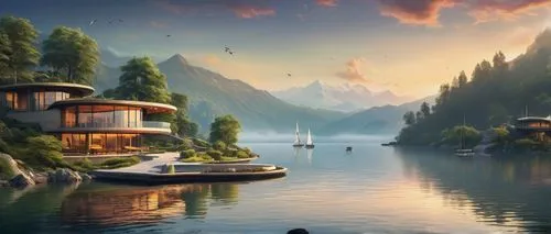 houseboats,floating huts,house by the water,boat landscape,fantasy landscape,house with lake,landscape background,houseboat,fantasy picture,world digital painting,home landscape,beautiful landscape,floating islands,beautiful lake,windows wallpaper,lake lucerne region,idyllic,futuristic landscape,lake view,floating island,Conceptual Art,Sci-Fi,Sci-Fi 20