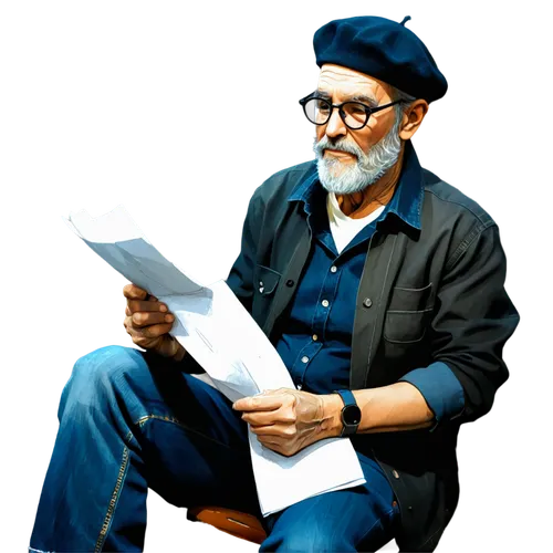 Older, bearded man, sitting, sketching, worn jeans, white shirt, black beret, thick-rimmed glasses, pencil in hand, paper on lap, 3/4 composition, warm lighting, soft focus, earthy tone, cinematic atm