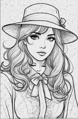 the woman wearing a hat and dress with long wavy hair is looking down,camie,straw hat,comic halftone woman,fujiko,mono-line line art,lineart,Design Sketch,Design Sketch,Black and white Comic