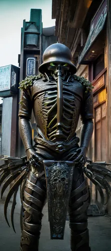 Sinister skull trooper in the style of Power Rangers, Big Bad Beetleborgs, VR Troopers, HR Giger, Yasushi Nirasawa,skyrim,cent,door knocker,armored,kadala,alien warrior,knight armor,allies sculpture,s