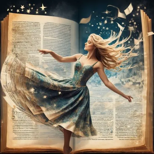 A dancing Woman with a Christmass Dress inside of an old bookpage, with long blonde hair wich dances in the wind,magic book,fairytales,fairy tales,children's fairy tale,book pages,fairy tale,hymn book